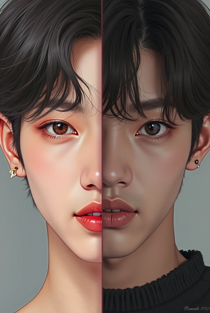 Taehyung from bts with insane, serious and lewd looking clown makeup, realistic with white background and