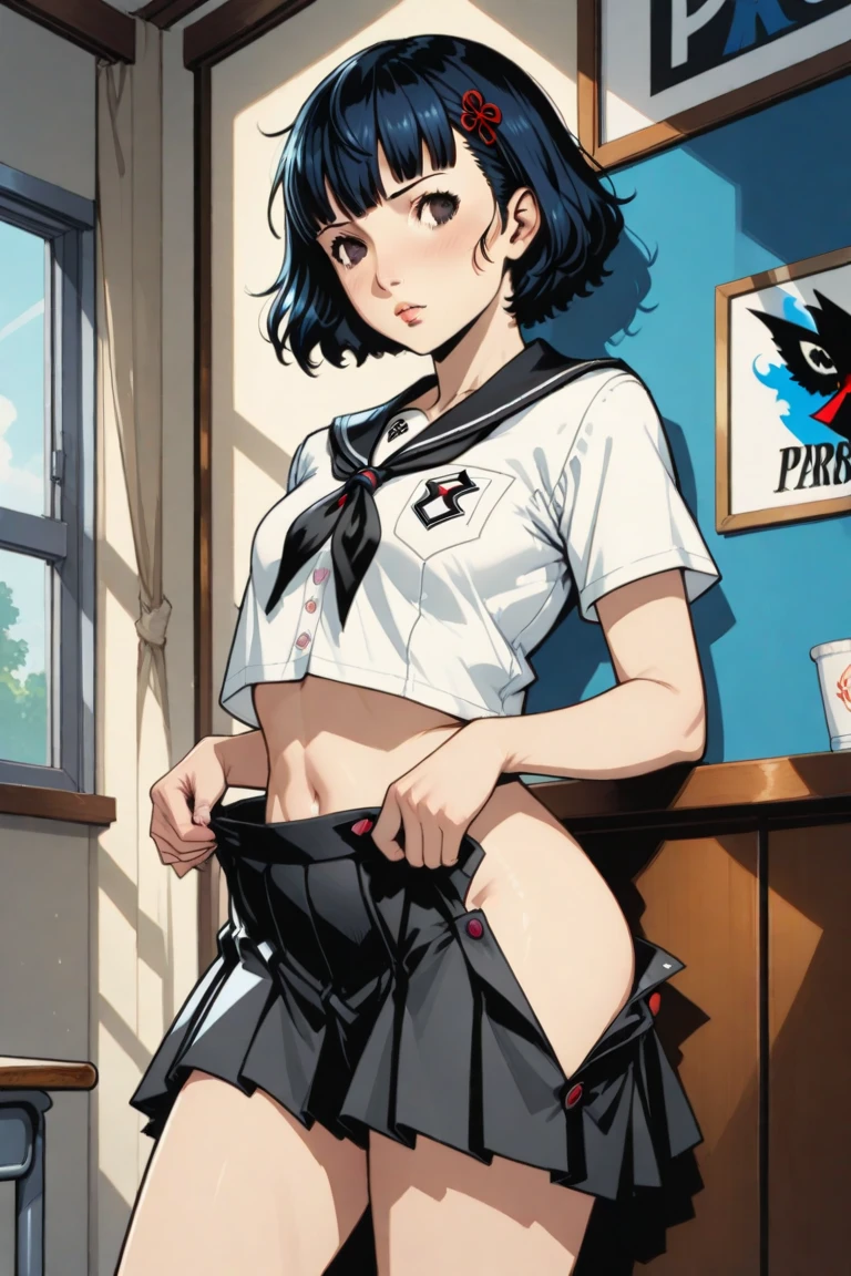 (masterpiece, highest quality:1.4), highest quality, masterpiece, High resolution,
(perfect anatomy), (symmetrical eyes, Super detailed eyes, beautiful eyes), (, Super detailed face, beautiful face), (black eyes),
Breaking 1girl, alone,,((nsfw))
QiuyueKC, (Qiuyue) uniform, (black) headband, (black) sailor collar, (yellow) neckerchief, (colorful) gloves, (white) pleated skirt, (gray) boots, (white)(black) gloves, (right side) thigh strap,(short sleeve) serafuku, (gray) corset, mini skirt,
壊す
looking at viewer, cowboy shot, towards the viewer, smile, (indoor, office, living room),
Breaking Skirt Lift, panties, butt,