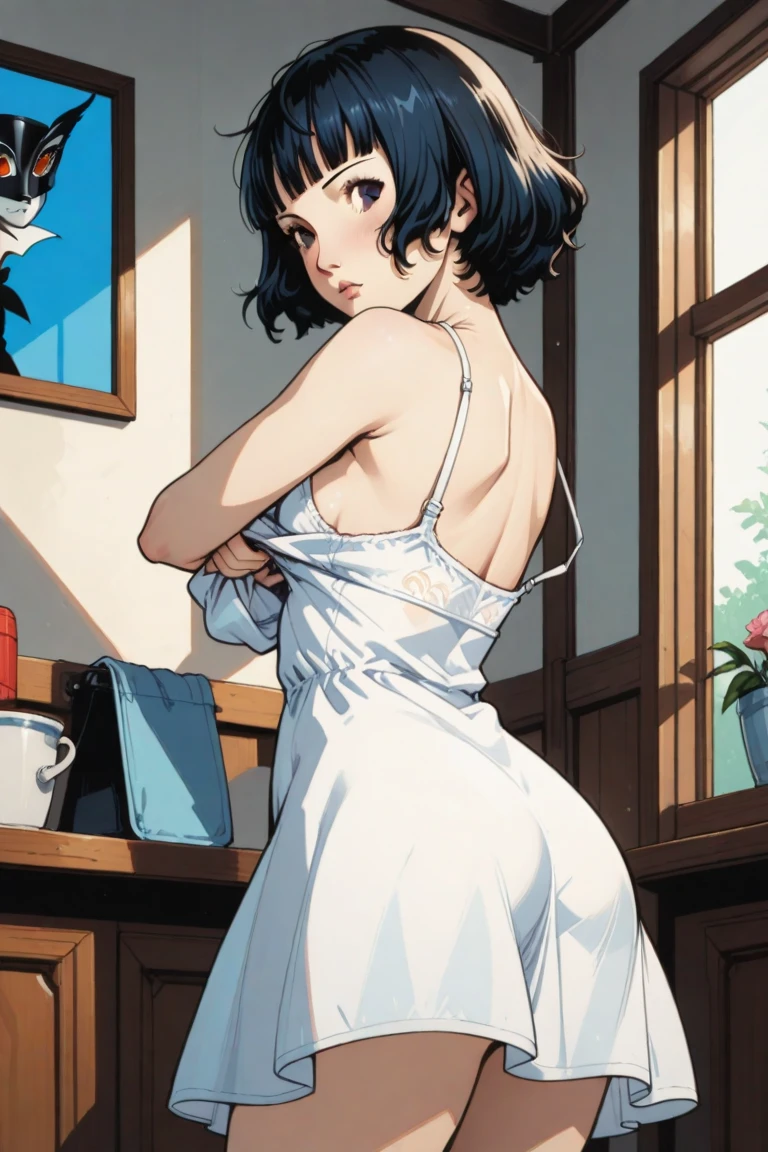 Girl, standing, back, pale skin, brown eyes, ((not show face)), neck, shoulders, arms, white bra, white panties, big ass, thick legs, thick thigh, background scenery, in the kitchen, window, refrigerator, sink, table, floor, chairs, stove