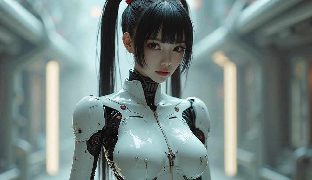(((In 8K. HDR.hyper realism、master piece 1.2、wlop1、cinematic、Detailed content、Live photo 1.2, Highest quality 1.2、 Super detailed、very detailed、perfect shading、Low angle full body shot 1.2、1 photo、Commercial photo 1.2、50mm 、film grain)))、(mechanical joint: 1.2),((mechanical limbs)),(blood vessels connected to tubes),(mechanical vertebrae attached to the back),((Mechanical cervical connection to the neck) ), Expressionless, (wires and cables attached to the neck: 1.2), (Head wires and cables: 1.2), (focus on character), SF,(white skin、small breasts、)