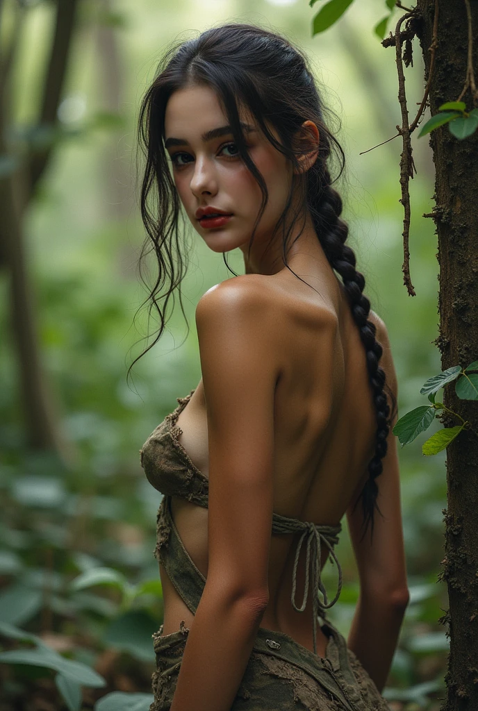 1chica, pechos muy gigantes y redondos, [cabello rojo|pelo negro], \(salvaje, piel oscura, selva, tribal, amazone, wet\)_chica, \(salvaje, selva, tribal, amazone, nude, pelo, bones\)_\(Ropa, ropa\), tribal_\(marcas, Tatuaje\), senos enormes y redondos, descalzo, chica skinny, lluviaforest, lluvia, aguacero, desde arriba,