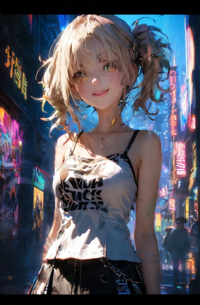1 person, chromatic aberration, Written boundary depth, Soft Light, masterpiece, Highest quality, complicated, Tone Mapping, A place where fireworks are set off at festivals. Concept Art, Smooth, Clear focus, Dramatic lighting, Very cinematic, super practical painting, アートステーション's trending, 8k, Incredible Shadows, practical,  whole body, View, Viewers, Portrait of a Girl 1, standing on street corner, Heavy rain and lightning、Dark Sky, neon and cyber punk background, she is dressed in punk clothing with silver chains and silver spikes, sheの髪は明るい茶色に染められていた.......................Ominous aura of light, smile, punk, ciber punk, Backlight.Fashionable clothes、Friendly dress code: she、sheは、She is wearing a cute blue open back bikini and shorts.。.。...My breasts are a little big.