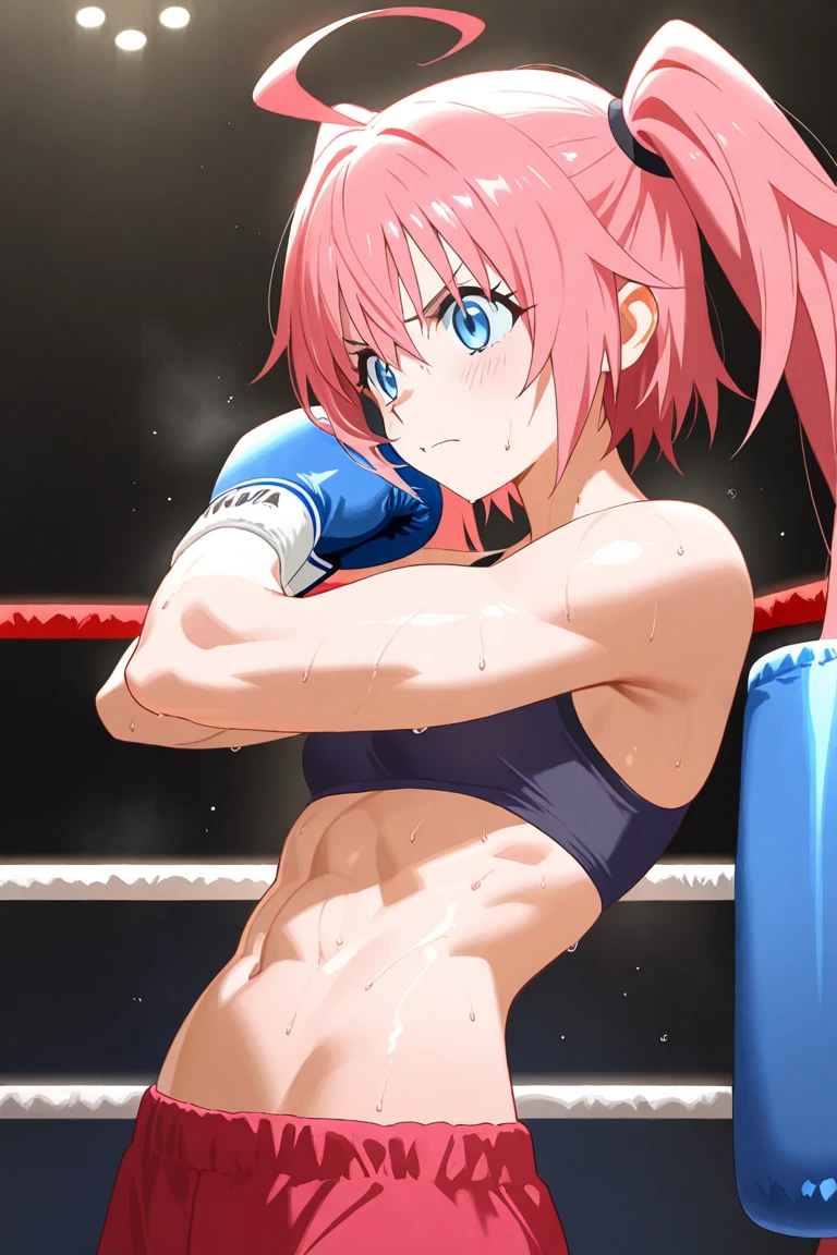 Young boxer、long pink hair、piggy back, brunette、Black sports bra and shorts、Boxing gloves、With penetrating gaze、blue eyes, Boxing posture、Waist、Boxing gym in the background, muscular belly, muscular legs