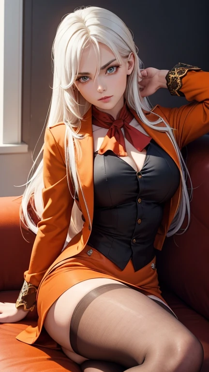 ((piece of master)), Garota gato, orelhas de gato, Uma jovem mulher com olhos verdes, cat ears with blond hair that she keeps tied in two long pigtails with red, bandas de metal cravadas. She wears an unbuttoned green suit over a white T-shirt with a red and black plaid cape emblazoned with the Conservation Rangers symbol that is fastened on the front with a large red bow tie, as well as a pair of black shorts held up by two straps around his shoulder that features a gold gemstone on the front. Na coxa direita, ela guarda um coldre para seu Kit de Bruxas, while her legs are covered by stockings - the left stocking reaches her thigh and features three white horizontal stripes towards the top, while her right sock is rolled up to accommodate the Witch Kit's holster. Ela usa botas pretas com pedras preciosas nos tornozelos; pretoHanekawa, ????? Spangcole, pretoHanekawa