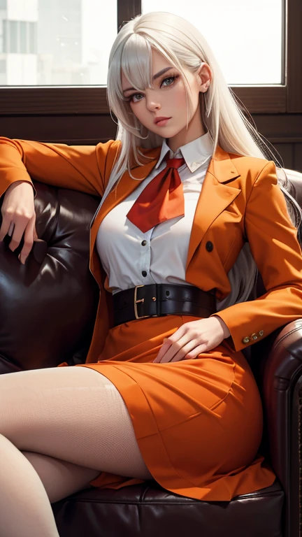 balalaika, Masterpiece, Best Quality, absurdist, 1girls, Looking at Viewer, Indoors, Office, Sunset, Serious, arms folded, chair, Sitting, Red suit, pencil skirt, pantyhose, (burn scar:1.5), mole under the eye, Upper body