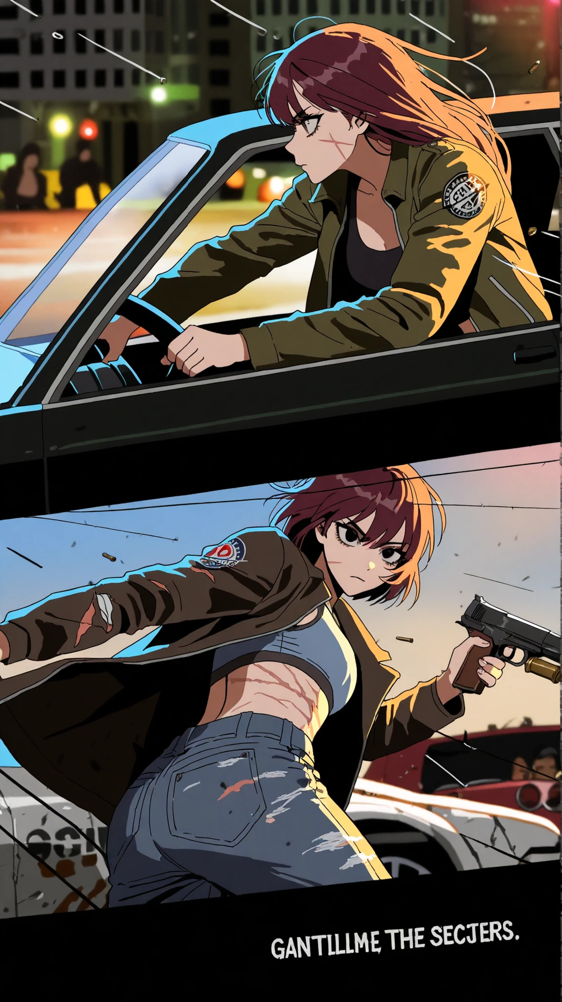 (32K, Masterpiece,sharp focus, thriller movie), korean girl, gang members in the background, in GTA Style, gang wars, shooting a gun, scars, battle damaged, bandages, jacket, baggy jeans, stern, sideview action shot,sports bra, driving a car, bullet lines