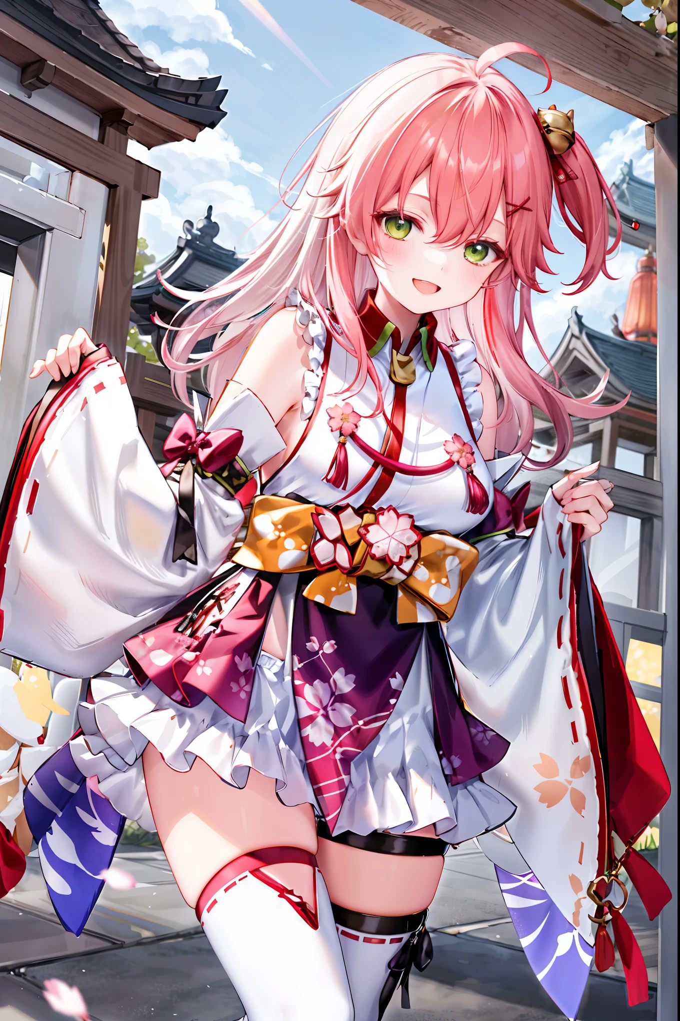 masterpiece, best quality, highres, miko1, sakura_miko, 1girl, big_boobs, solo, ahoge, x_hair_ornament, pink_hair, floral print, hairclip,(side_less_clothes:1.5), (side_boobs:1.5), hair_bell, floral print, long_hair, hair between eyes, one side up, white thighhighs, asymmetrical legwear, wide sleeves, open_mouth,(happy:1.3),gleen_eyes,big_smile,(rise_leg:1.3),plump,apart_legs,(overly_long_sleeves:1.3),),sleeves_past_wrists,hands_hidden_sleeves,sidelock_clothes,dynamic_posing,solo,hidden_wrists,(XD:1.4),covered_nipples,sunlight,cherryblossom_temple_landscape_background,