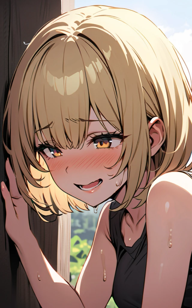 (anime style),masterpiece, best quality, extremely detailed,10Year old,tanned skin,dark skin, Beautiful body,small breasts,BREAK,multicolored colorful blonde hair,short hair,hair slicked back,BREAK,black eyes,out tongue,wedding ring,shy smile,open mouth,half closed eye,detailed lips,open legs,BREAK,cotton black big ribbon,BREAK,yellow camisole,striped_bikini,off shoulder,navel,break,head tilt,in the park,dripping,Drinking fountains,