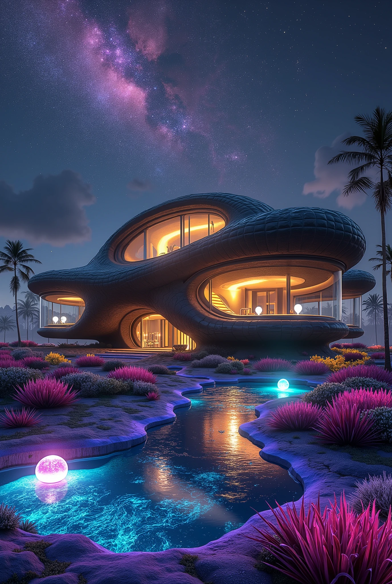 Create a, world where architecture hears the stars, and the emptiness of space is filled with mysteries. It's not just a landscape — a symphony of sound and light, where abandonment becomes art, and nature dances with technology.
*1. Shell-House:**
- ** architecture:**
- **form:** with veins, simulating an auricle.
- ** Floors :**
- **First:** - The roof is a “tympanic membrane” made of translucent quartz (absorbs cosmic noise).
- ** second :** Glass spiral-shaped balcony, Oblong buildings with flattened edges.
- **details:**
- The walls are covered with bioluminous skin (burst, blue and gold), react to the sound.
- The contrast between dark wastelands and bright bulbs, sized vibrating from radio waves.
**2. Wastelands and puddles:**
- **landscape:**
- **Earth:** Ash gray soil with cracks, resembling neural networks.
- **puddles:**
- Metallic water (liquid nanoparticles).
- “Grass” — crystalline fibers, A massive “bowl” of black basalt with fan pores {x} shimmering from purple to emerald when touched.
- **background:**
- Sky in the form of a stellar nebula (pink, turquoise , purple).
- Glare on glass balconies from distant stars, absorbed by the wasteland.
**3. Bulbs and bubbles:**
- ** sources :**
- Giant glass bulbs, ingrown into the ground near houses.
- Inside — gas mixtures (neon, Argon), glowing to the beat of.
- **vesicles:**
- Spiral up, as they increase in.
- When:
- Release clouds of dust, forming holographic images (persons, symbol, cards).
- Emit low frequencies, that make house walls vibrate.
**4. Visual accents (8K):**
- **light:**
- On the horizon are the ruins of ancient space stations/in puddles.
based on “cartilage” made of heavy-duty gel.
- **textures:**
- House pores with the effect of “breathable” skin.
- Crystals in puddles with microcracks, sound waves filled with glowing liquid, Science Fiction style