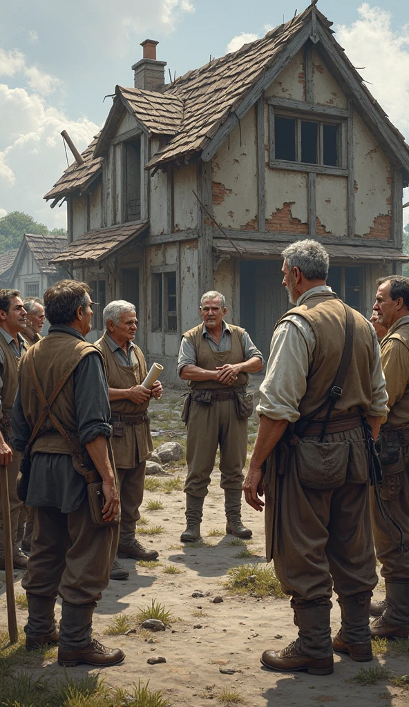 ((best quality), (masterpiece), (detailed)) Close-up shot of John White leading the construction of houses for the colonists. He skillfully crafts simple and rustic structures with meticulous attention to detail. The scene captures the essence of realism, showcasing the hard work and dedication of John White in bringing shelter to the settlers. The lighting highlights the textures of the materials used, emphasizing the authenticity of the scene. In the style of John White, this artwork depicts a significant moment in history with remarkable precision.