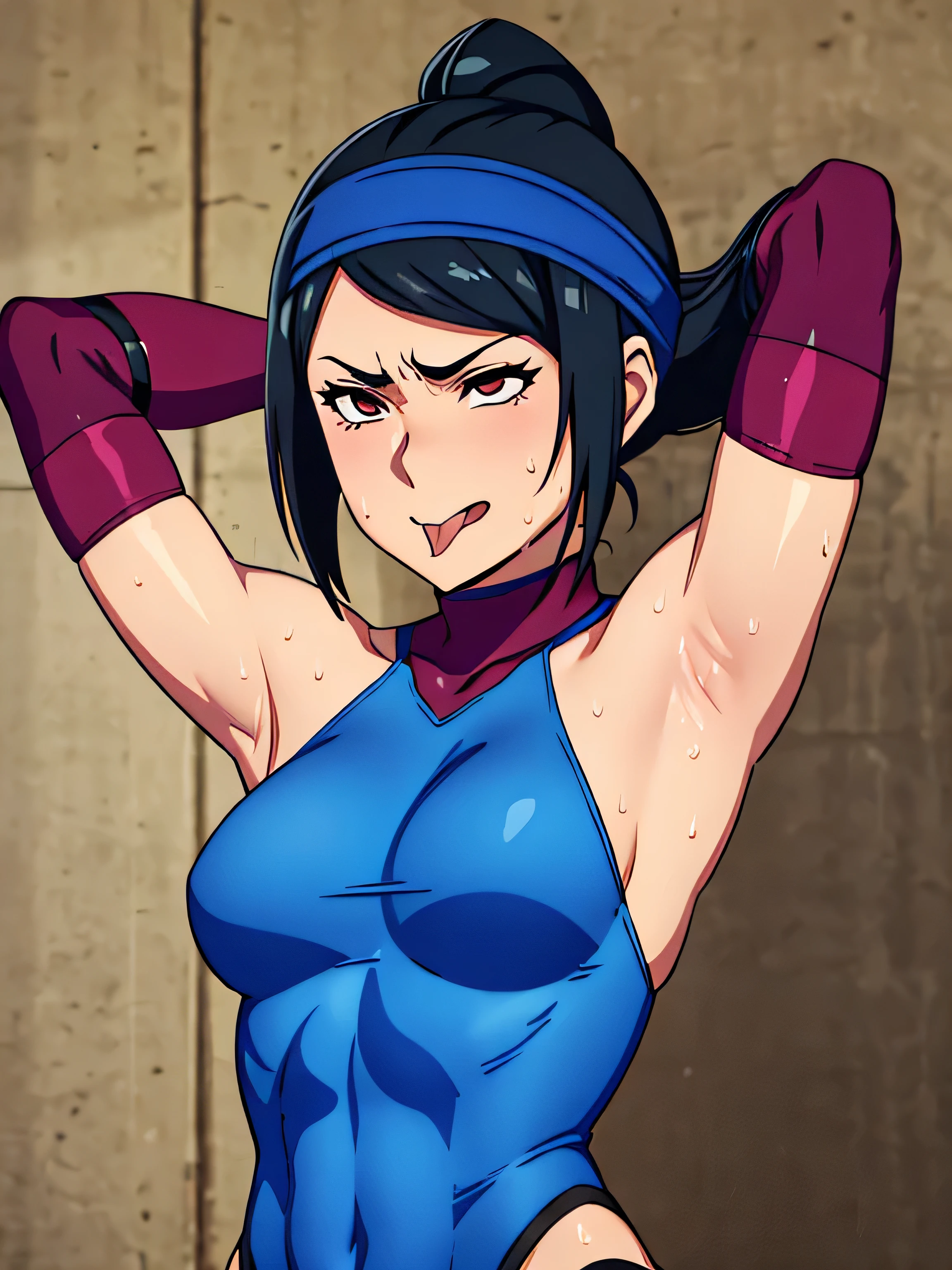 Earthbender human woman with tanned skin. She is a -yeld teger with brown eyes and deep blue clothing. Her hair is long and brown in color; it is fastened in a large braid. Just one braid. She is beautiful and her skin is dark in color. Her skin is slightly dark. Earthbender. Tsundere face. Pink eye shading,mature appearance,armpits,sweat,sweaty,sweaty armpits,arms up,showing armpits,awesome armpits,outfit,blackish red arm warmers,maroon arm bands,matoon arm warmers