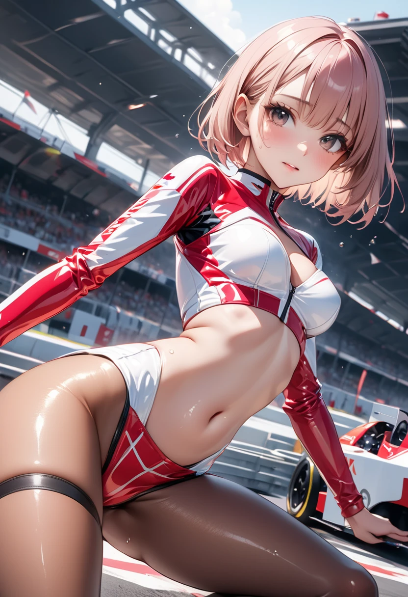((Eating Donuts)), (((Racer suit, skirt))), (Shiny Costumes))), (Navel), skindentation, skinny, solo, 1 woman, Masterpiece, highest quality, highest quality, 16K, incredibly absurd, highly detailed, 2.5D, ai-generated, delicate and dynamic, very delicate facial expressions, delicate eye depiction, erotic, only sexy woman, ((A cute and kind face)), healthy figure, ((25-year-old woman)), 160cm tall, medium firm swaying bust, blush, Sweat,Embarrassed,sexy, ((thin thighs)), (camel toe:0.7), (visible nipples:0.5), (Erect nipples,:0.7), shiny and lustrous, facing straight at viewer, (((in heat))), ((Oily_skin)), ((dutch angle)), ((erotic pose)), ((one knee)),