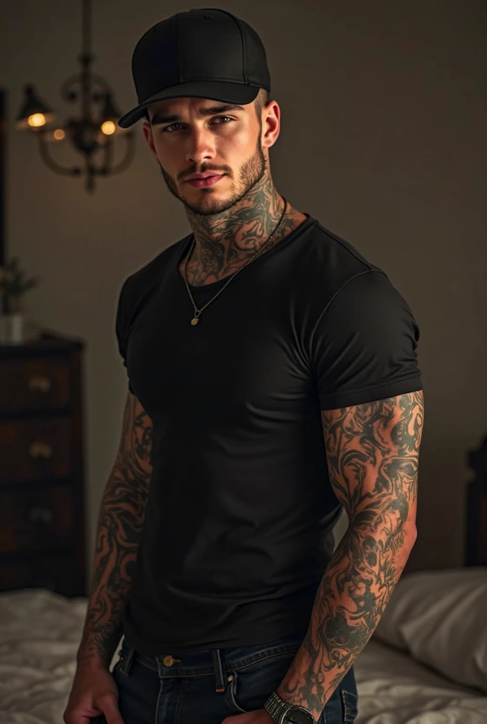 AI design drawing a young muscular man with goatee with “ruy” tattoo and other tattoos realistic bedroom background