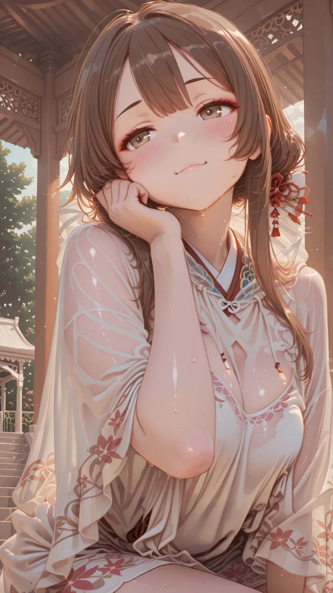 completed anatomy:1.5、(((Japanese woman, Japanese girl))), 20 year old cute girl、very white skinned girl、cute face、light brown eyes showing armpit sweats、brown hair、bothered expression、Cheek resting on hand、オーバーサイズの white poncho、(((see-through poncho、erotism、 white poncho)))、Western-style garden、sit in the gazebo