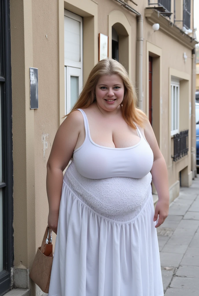 Full person view, low angle shot, (hochauflösend,realistisch, ) very pregnant MILF walking in the city, wearing a business suit with a long pencil-skirt and a white business shirt, very huge breasts squeezing out of deep cleavage, extremely huge and heavy pregnant belly. Long blonde wavy hair. 35 years old. Very attractive.