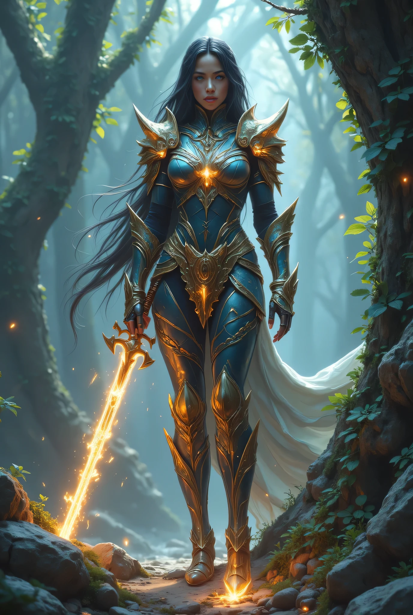 a picture of female human paladin of nature protecting the forest, wearying heavy armor, divine armor, flowing cloak, long cloak, armed with a sword, glowing sword, radiant sword, a woman, divine knight, full body, perfect body,  ultra detailed face, ultra feminine, pale skin, black hair, long hair, blue eyes, body, intense eyes, , fantasy forest background, D&D art, RPG art, magical atmosphere magic-fantasy-forest, ultra best realistic, best details, best quality, 16k, [ultra detailed], masterpiece, best quality, (extremely detailed), ultra wide shot, photorealism, depth of field, hyper realistic painting, fantasy art, realistic art,((best quality)), ((masterpiece)), (detailed), perfect face, dweapon
