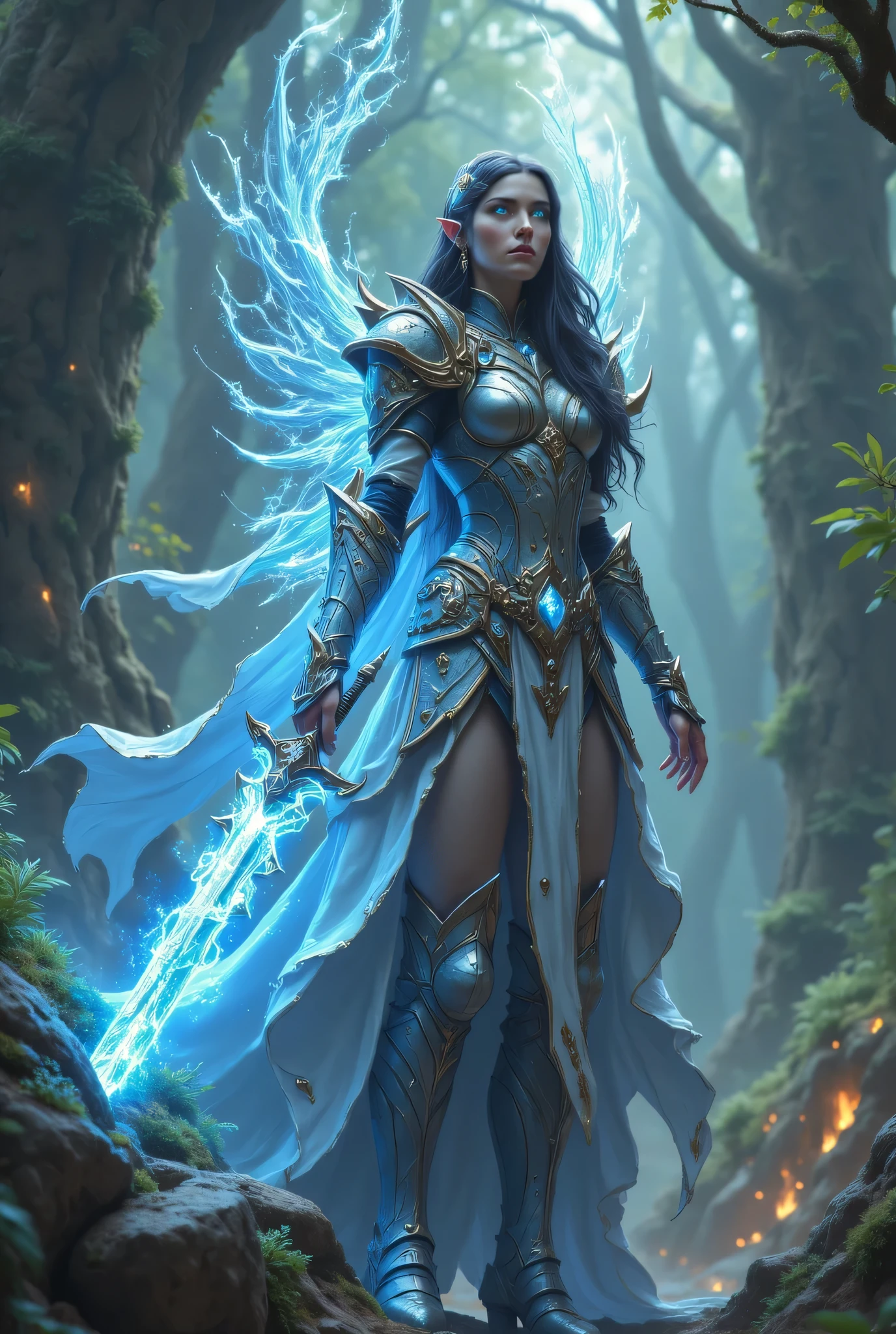 a picture of female human paladin of nature protecting the forest, wearying heavy armor, divine armor, flowing cloak, long cloak, armed with a sword, glowing sword, radiant sword, a woman, divine knight, full body, perfect body,  ultra detailed face, ultra feminine, pale skin, black hair, long hair, blue eyes, body, intense eyes, , fantasy forest background, D&D art, RPG art, magical atmosphere magic-fantasy-forest, ultra best realistic, best details, best quality, 16k, [ultra detailed], masterpiece, best quality, (extremely detailed), ultra wide shot, photorealism, depth of field, hyper realistic painting, fantasy art, realistic art,((best quality)), ((masterpiece)), (detailed), perfect face, dweapon