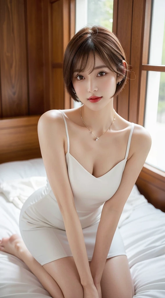(photographed:1.2)、(Photorealsitic:1.4)、(​masterpiece:1.3)、(top-quality:1.4)、超A high resolution、(A detailed eye)、(detailed facial features)、(detailed clothes features)、8K分辨率、solofocus、bangss、Double eyelids、Beautiful lips、toned legs、(Slender girl)、(a japanese girl)、(Japan Faces)、1 girl in、Slim Beauty:1.3、brown haired、Delicate hair、(Colossal tits:1.2)、Daikanyama、Street、Realistic body、de pele branca、glistning skin、Slim body、(short-hair:1.2)、(bangss: 1.2)、Bruises and ugly face、kawaii faces、Lifelike face、Delicate body、thighs thighs thighs thighs、(Detailed Cafe)、Coffee、(Pure white dress)、Looking at the camera、Terrace seating、((sexy  pose))、stunning lighting