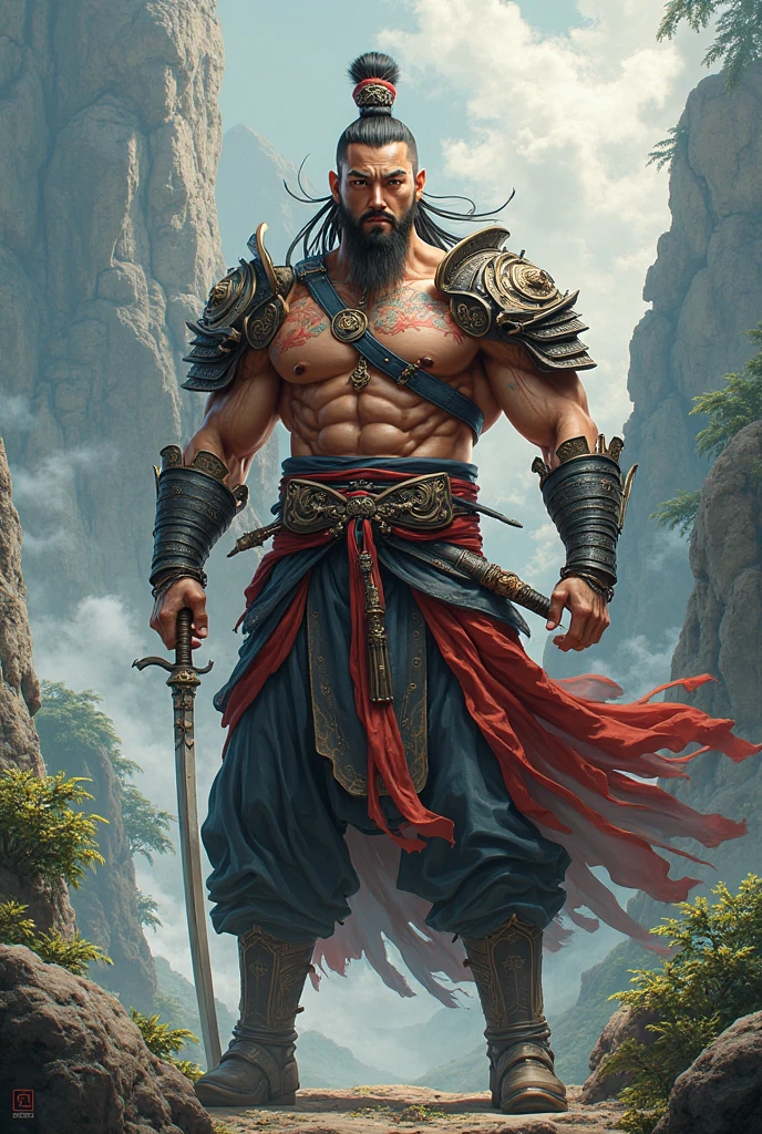Make a muscular man with a blue and dark green robe with chain swords like the ones Kai uses in Kunfu Panda
