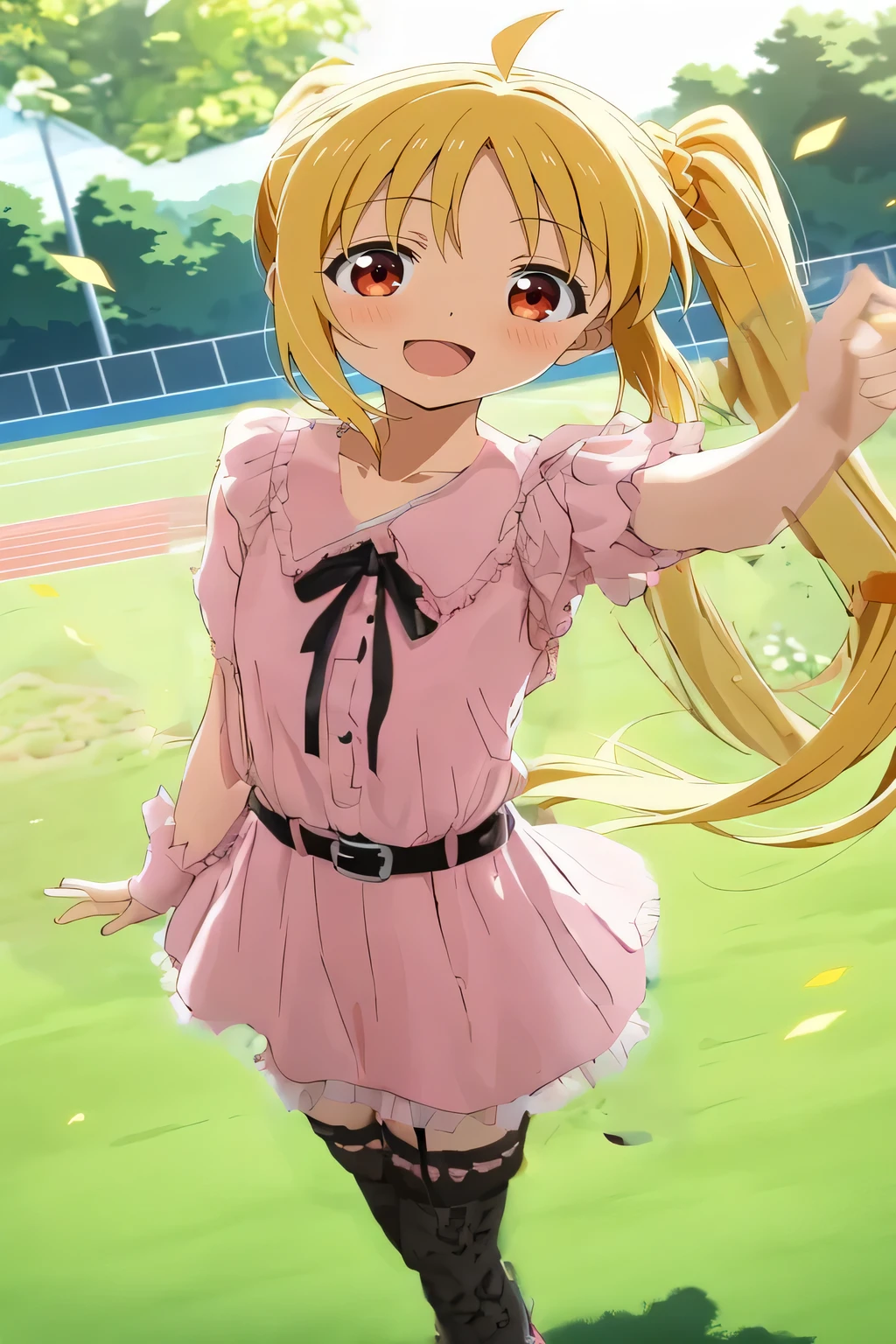 light pink puff-sleeve dress with black ribbon, frilly collar, black belt, black lace thigh-highs, gothic ta style, twin tails, blonde hair, red eyes, gothic ta fashion, sitting pose, clear outlines, detailed clothes, defined clothing lines, sharp focus, high detail, anime style
