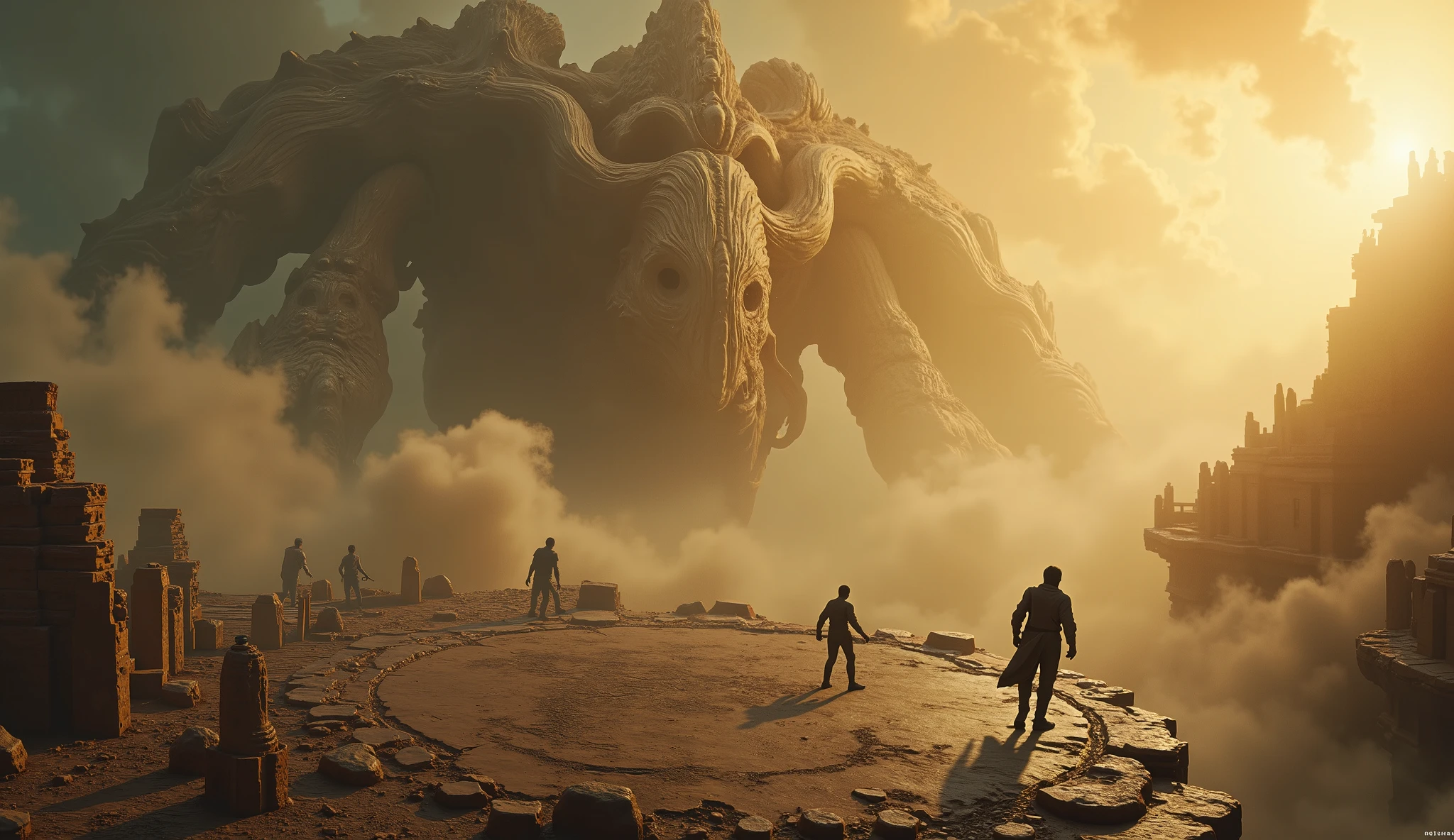 An epic cinematic poster of adventurers running across an ancient, floating temple disc — dwarfed by colossal, terrifying titanic beasts and crumbling ruins. Extreme wide-angle shot, towering skulls and fiery demon looming in the background. Harsh lighting with golden god rays breaking through thick dust. Atmospheric depth, sharp dramatic shadows, intense sense of scale. Concept art from a high-budget fantasy adventure film. Inspired by Journey to the Center of the Earth and Shadow of the Colossus. Ultra-detailed, photorealistic, megalophobia theme, 8K resolution, dynamic action pose, cinematic framing