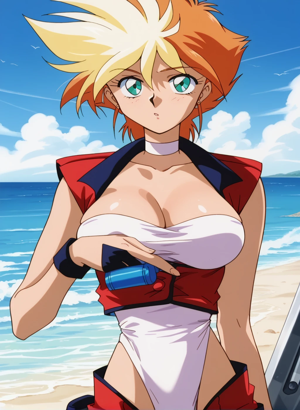 swimwear feminine face seducing, elbow gloves, (white bikini), white socks, (yellow hair)