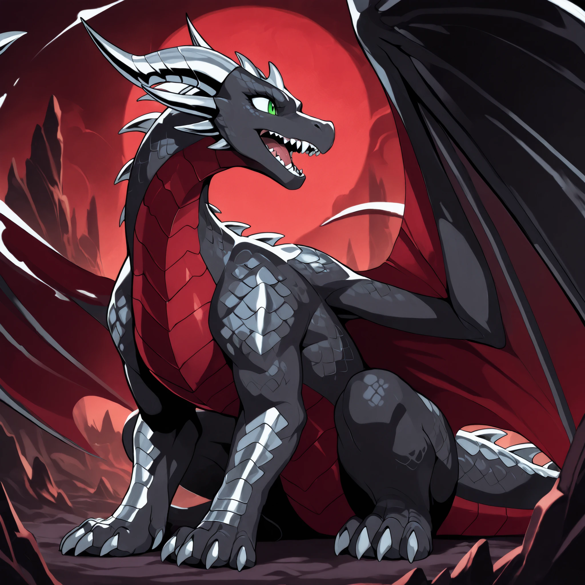anime style, anime shading, clean lines, masterpiece, best quality, full body picture, centered, enderdragon, feral, dragon, female dragon, 1girl, long horns, wings, claws, tail, green eyes, perfect eyes, (overlapping red chest scales), dark silver scales, silver horns, tall, sharp teeth, fangs, (in a dark cavern), sitting