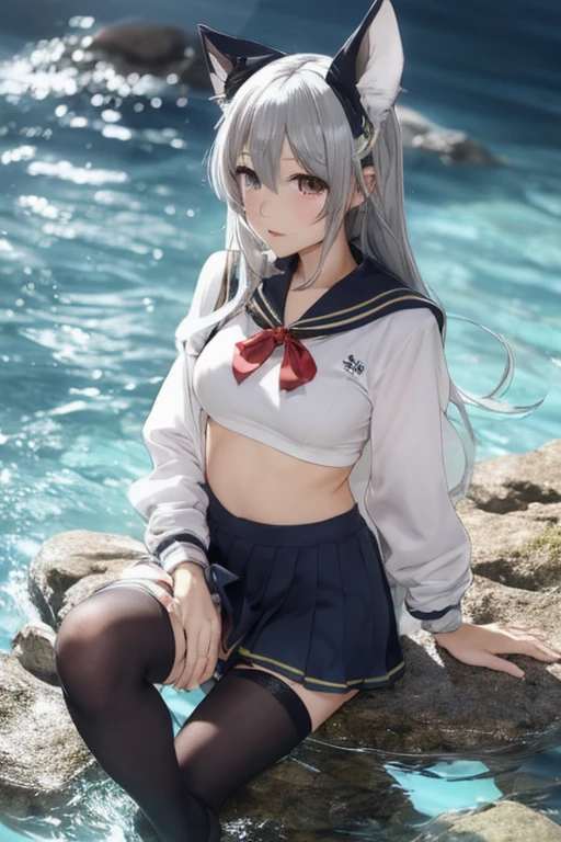 1 woman, HD quality, (sitting with hands back:1.3), (open legs to limit:1.5), (with one knee up), (showing pubic area:1.5), (under boob:1.5), (Large breasts), (cleavage), (ahegao:1.5), (orgasm:1.3), smiling, crying, (thin thighs:1.3),(Sailor uniform only for the upper body:1.5), (Crop Top white shirt:1.5), (micro thong:1.8), (sheer white long thigh-high socks), (sheer white satin long gloves), at night, poolside, (Green eyes, detailed eyes), blue sailor collar, (high-heeled shoes:1.2), red ribbon tie