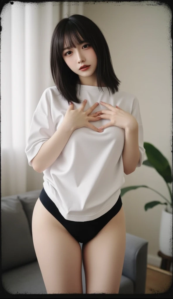 ((masterpiece, best quality)),((highres:1.2)), 1 Girl, solo, Blurred Background, (((Small breasts))), Thighs, (Stripe underwear), アトラス T-Shirts, nipple