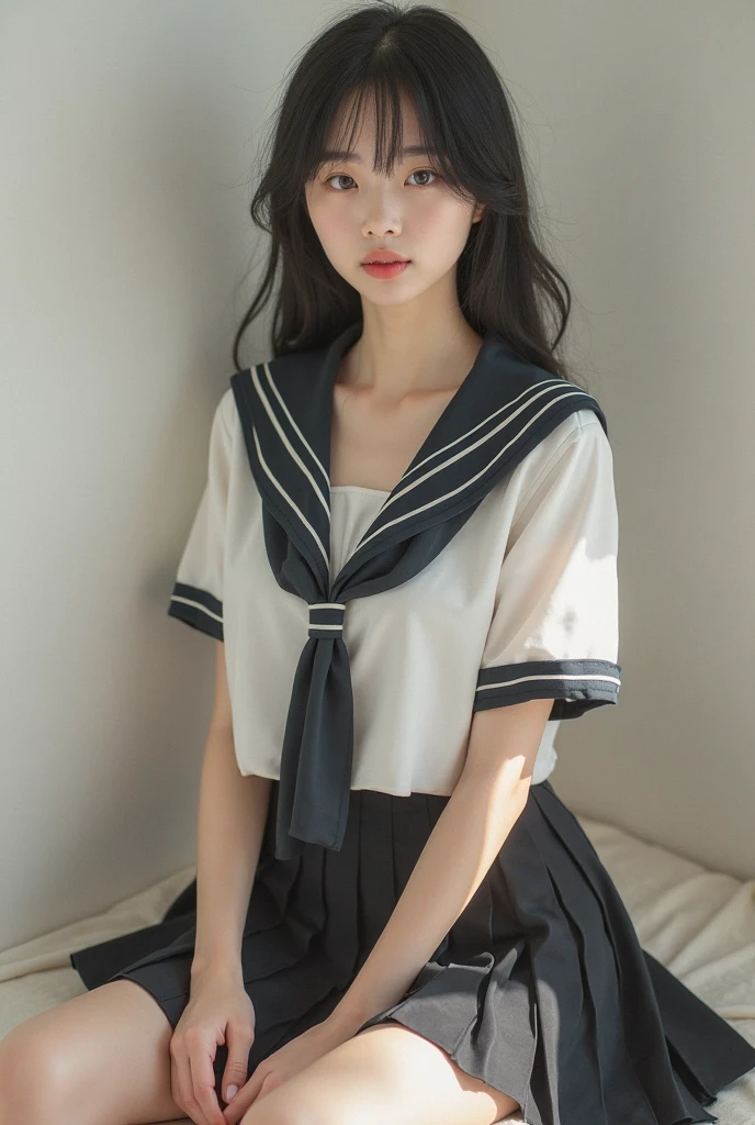 Masterpiece、Raw photography、(((Ultimate Beauty Portrait)))、((glistning skin))、close mouth、no mask、dark brown eye、teen、high school student、15 years old、natural make、short bob、((masterpiece、top-quality、ultra-detailliert、intricate-detail、hight resolution、highly detailed))、Detailed background、8KUHD、Digital SLR、Soft light、high quality 、Shallow depth of field、natural soft light、pink nipples、full body、shy look、flushed cheeks、thin waist、sailor suit、dark blue mini skirt、lift the skirt、The wind flips your skirt ,(white panties with ribbon on the front:1.3), shy look ,flushed cheeks, short cut, short bob