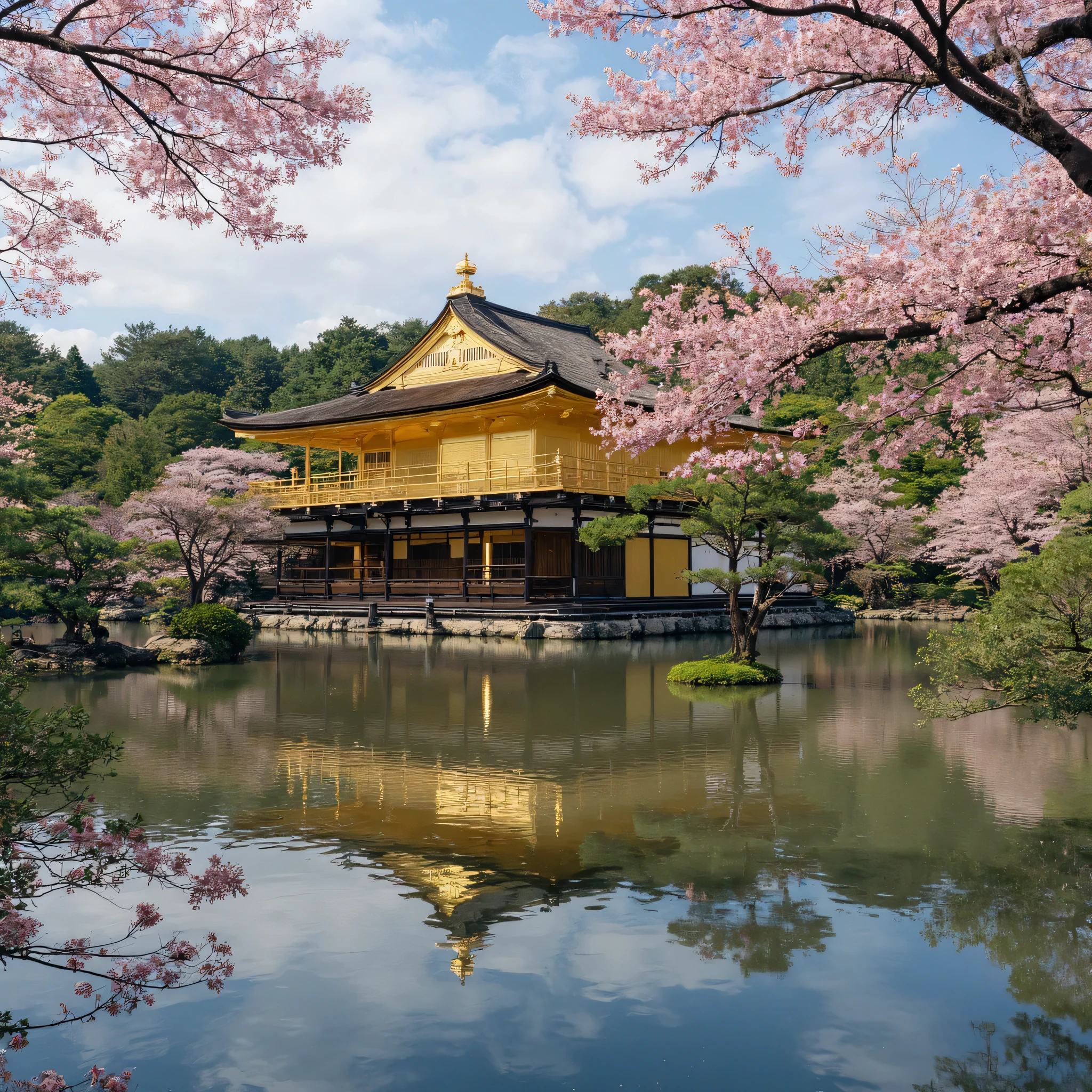 Kinkakuji Temple、池に反射して映るKinkakuji Temple、cherry blossoms are in full bloom、real、４K,８K,Sony cameras、