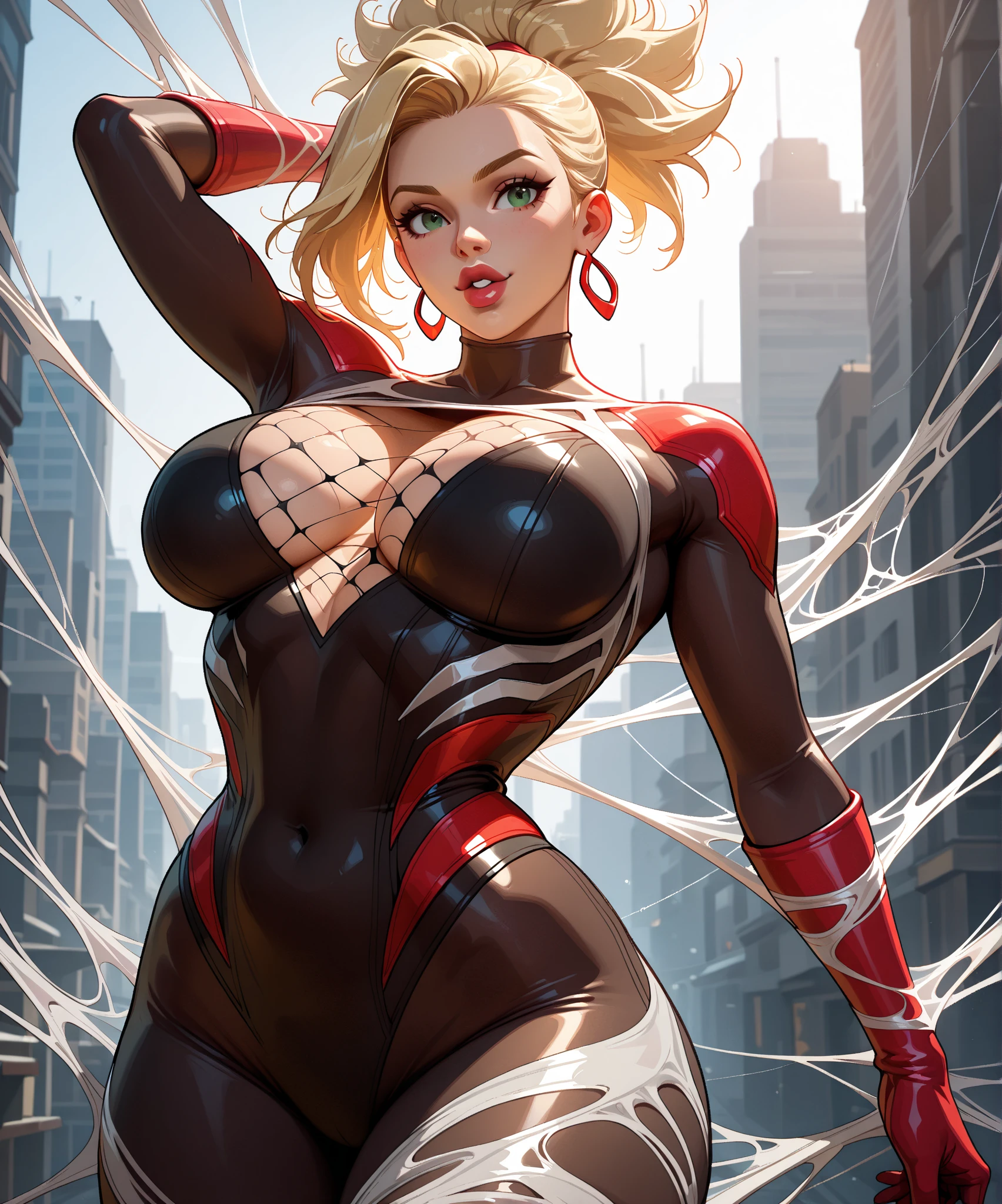 Spider man Fusion, Roupas do Spider man, Cabelos brancos da Elsa, melting, 1girl, Bodysuit de latex, Beautiful, (master part:1.2), (melhor qualidade:1.2), ((pose de luta)), ((campo de batalha)), cinemactic, olhos perfeitos, pele perfeita, perfect lighting, sorrir, luz, cor, pele texturizada, detalhe, Beleza, maravilha, ultra-detalhado, rosto perfeito