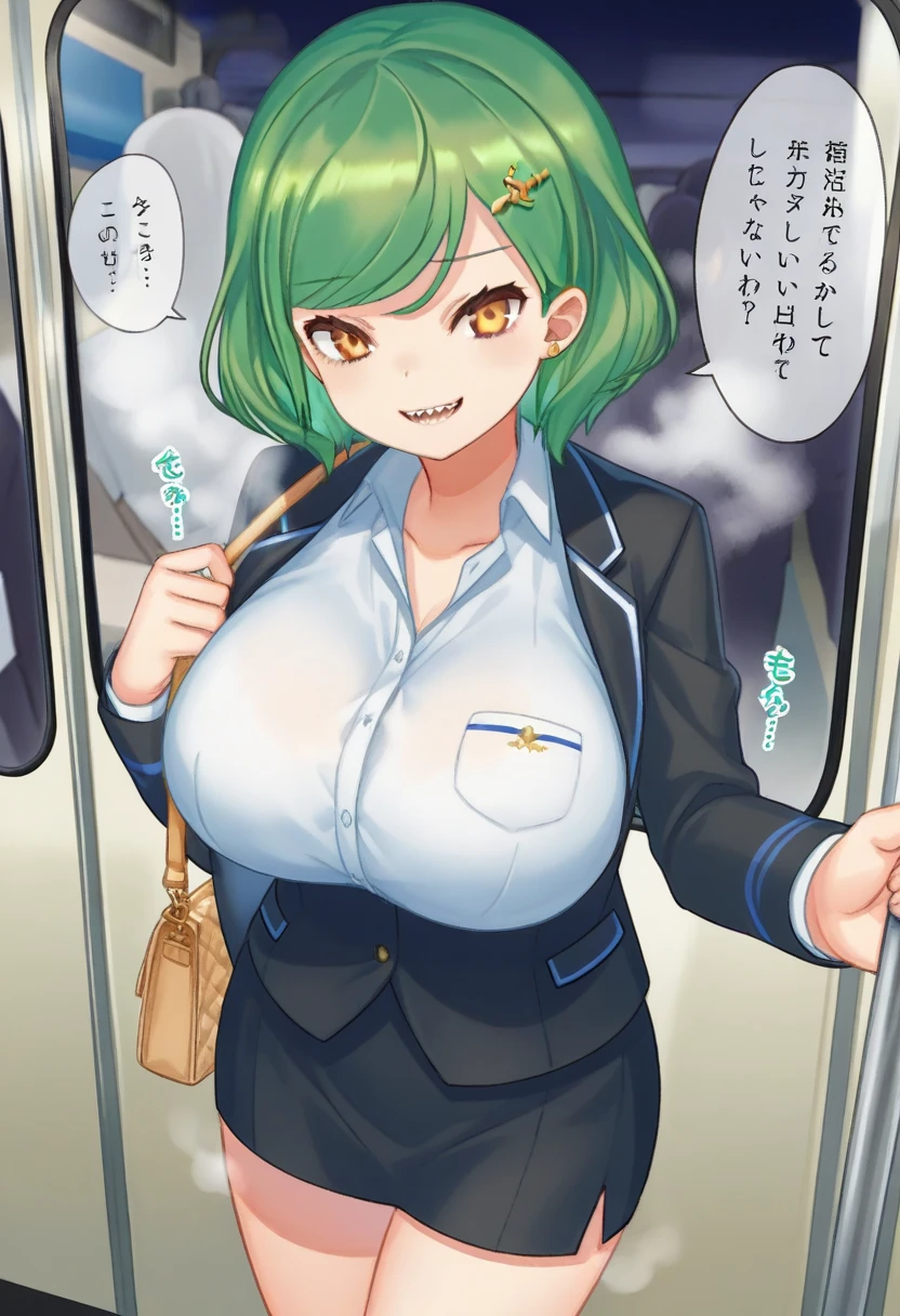 One Woman、Braided twin tails、Huge breasts、(Huge breasts:1.8)、Glasses、blue eyes、Green Hair、My hair is messy, Black gloves, White socks, Police uniform, Black Skirt, Short sleeve, Cowboy Shot, salute, Put your hands on your hips,smile,close your eyes, Tears in the eyes、Open your mouth, What saliva leaves behind, Wet skirt hem, Sticky panties, Bulging of the vibrator cord, Vibrator with Garters, Subway car interior background, In a crowded crowd,