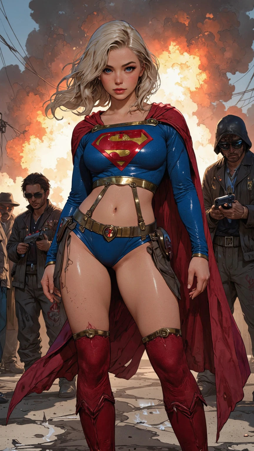 (Show all of Super Girl, head to toe, full body portrait) (best quality,4k,highres,masterpiece:1.2),ultra-detailed,realistic,portraits,vivid colors,dramatic lighting,Supergirl,annoyed,tattered uniform (scorched, many holes) ,ragged uniform,smoking crater,offended,shocked, (Subject 2: attacking alien robot gorilla, rocket launcher) Please make sure your output is separated by commas.","Separated。The following is an example for reference： ``` (best quality,4k,highres,masterpiece:1.2),ultra-detailed,realistic,portraits,vivid colors,dramatic lighting,Supergirl,annoyed,tattered uniform,ragged uniform,smoking crater,offended,shocked, (subject 2: attacking alien robot gorilla, rocket launcher)