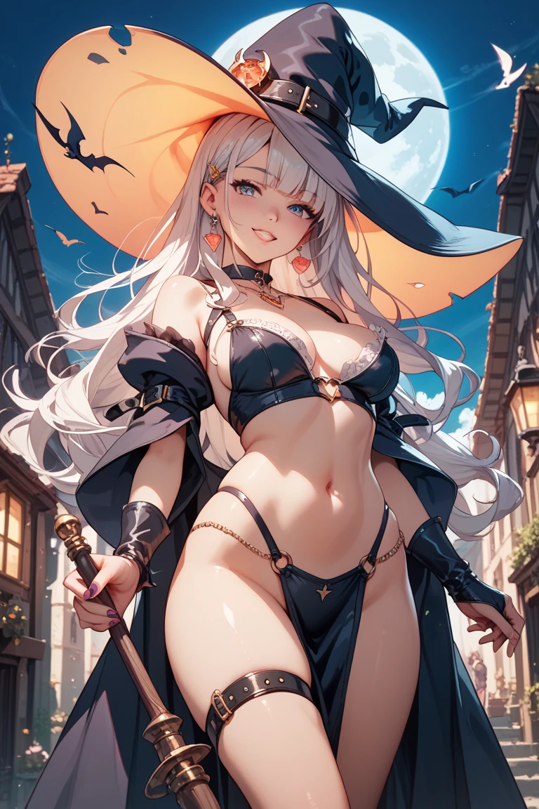 masterpiece, Highest quality, alone focus, (Perfect Face:1.1), (Attention to detail:1.1),dramatic, 1 person, (Pale skin), Long, voluminous braided white hair, White eyes, alone, Long Hair, moon, night, White luxury suit, White Fedora Hat, Covered navel, Pouting, Covered, Jazz club, Detailed Background, art:artgerm と greg rutkowski, Gothic Renaissance, Cinema Lighting,