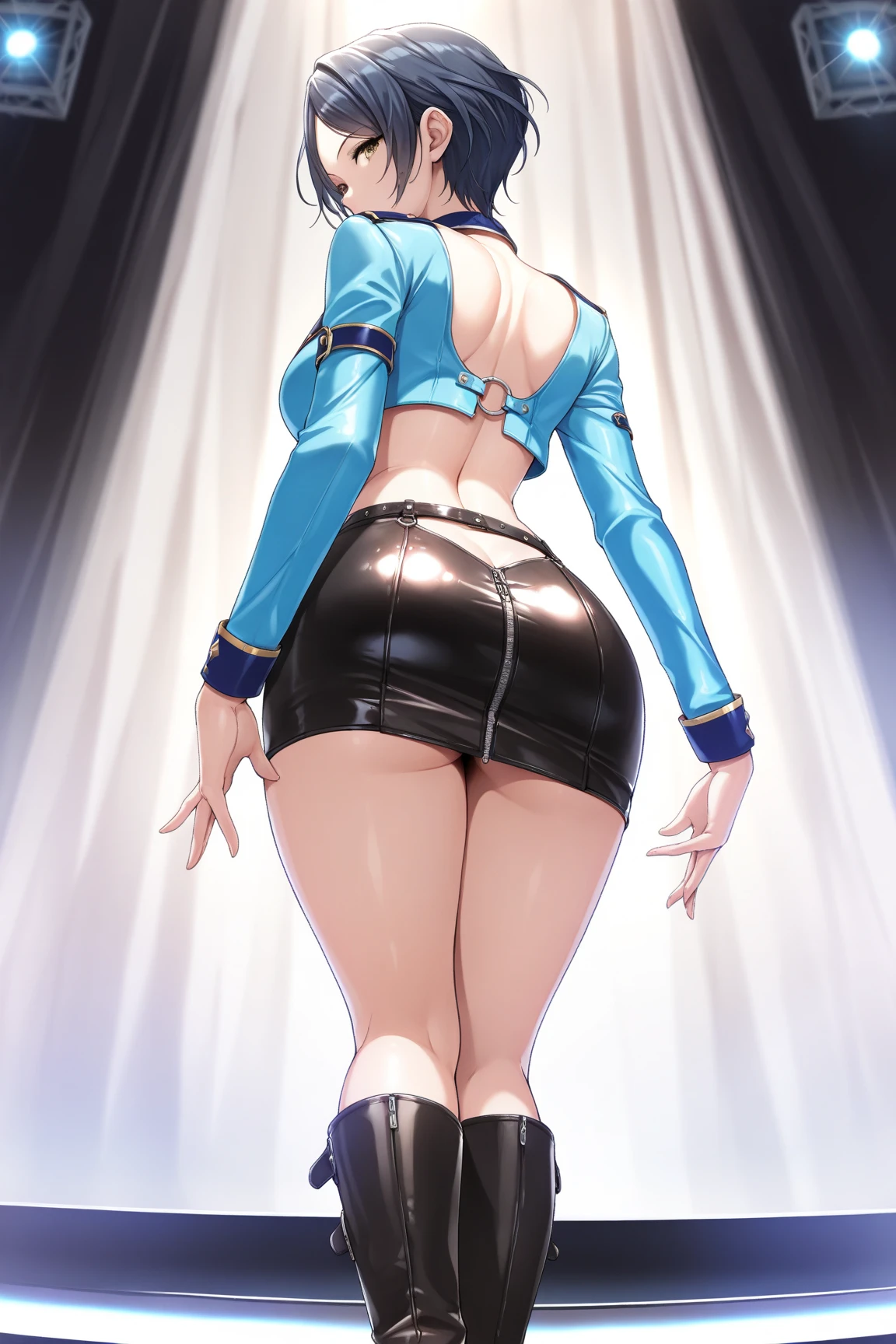 anime illustration, ((((highest quality)))), (((Ultra-precision CG 16K))), (((masterpiece))), BREAK skinny body, slender waist, medium Breasts, (((perky breasts))), ((sagging breasts)), (covered nipples), (((tanned skin, tan lines))) , BREAK ( smiling, blush, determined expression, sweaty , Heavy breathing, embarrassed, ) , (natural make), BREAK narrow eyes, (streaked hair, hair intakes, colored inner hair, ) BREAK (((wearing printed sexy oversized clothing , wearing wide-leg-pants, breasts is covered by outfit, (detailed panty)Narrow aisles,))) , wearing earrings , BREAK ( stick breast out, bending over, ) BREAK (( ripples , horizon , under the cosmic sky on the cosmic sea , cosmic effects)), (((full body shot, looking at viewer, ))), BREAK ((cinematic , from behind , from below , (Distant view, Panorama), looking at viewer, )) , pinup magazine pose,