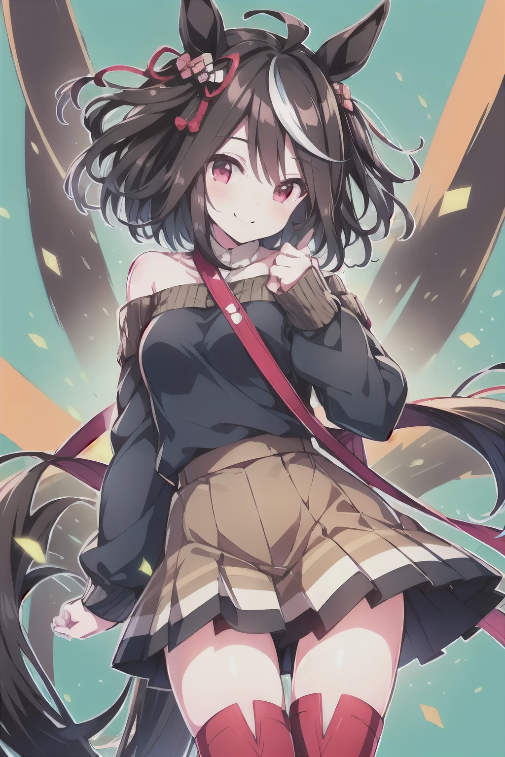 anime girl, short fluffy black hair curled outward, pink eyes,  cheerful smile , horse ears with red ribbon on the right ear, long black horse tail, ネイビーのオフショルダーニットセーターを着たsimple light blue background, colorful plaid mini skirt (red, green, Yellow), burgundy tights, shiny navy knee-high boots, small khaki shoulder bag, Reach for your right hand,  jump pose , Bright and active expression, simple light blue background