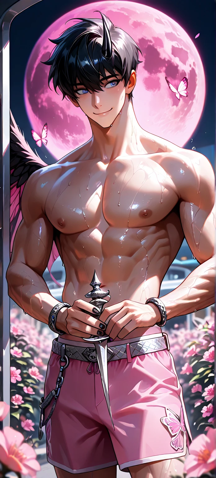 Masterpiece, realistic, Take a photo, 1 boy, A sexy young Roman Catholic priest turns into a red-skinned hot demon., black hair, glowing red eyes, Long black claws on his fingers and large horns, as well as large demon bird wings., He wore a clear white loincloth like plastic., หลุดออกมาจากเสื้อคลุมนักบวชที่ฉีกขาดและฉีกขาดเผยให้เห็นกล้ามabdomenของเขา, abdomen, biceps, Perky shoulders and nipples. A seductive expression on his face., He was surrounded by glowing human skulls., Stained glass window inside Gothic church background ((((Convex crotch))))),front view,full body image