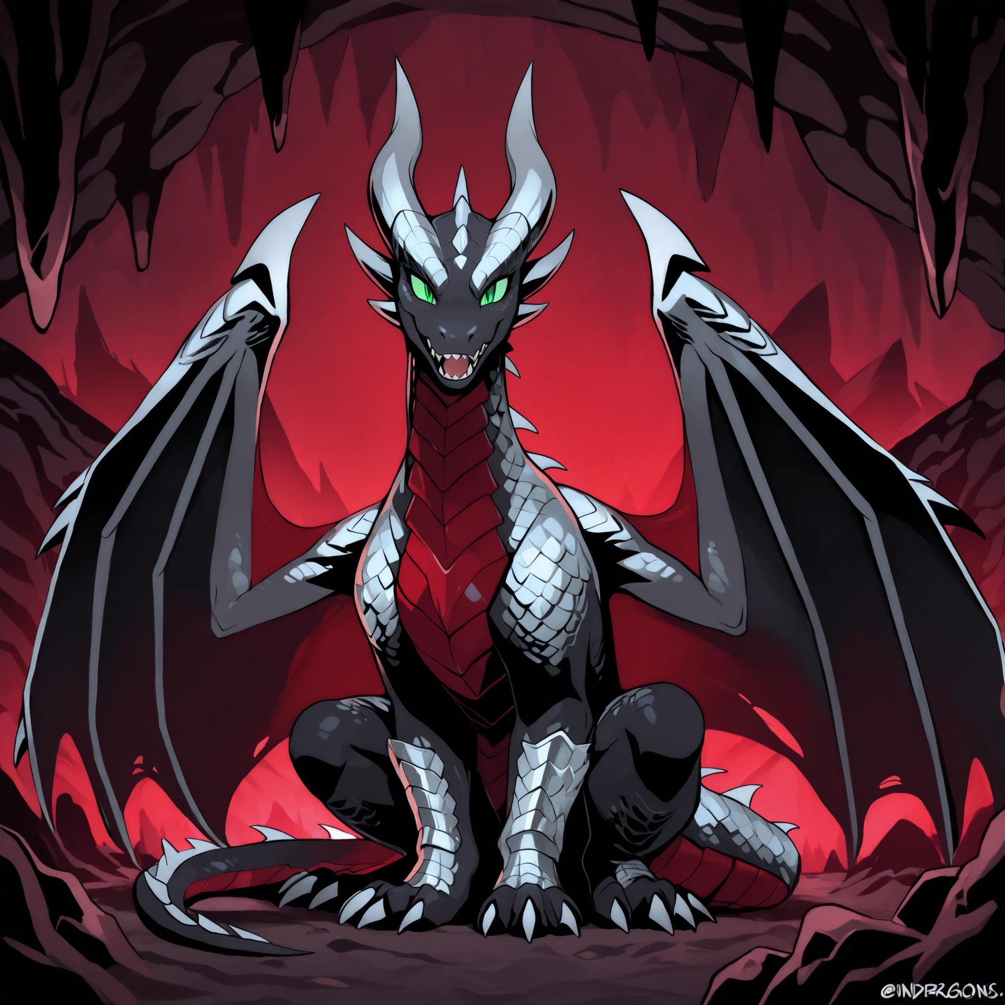 anime style, anime shading, clean lines, masterpiece, best quality, full body picture, centered, enderdragon, feral, dragon, female dragon, 1girl, long horns, wings, claws, tail, green eyes, perfect eyes, (overlapping red chest scales), dark silver scales, silver horns, tall, sharp teeth, fangs, (in a dark cavern), sitting