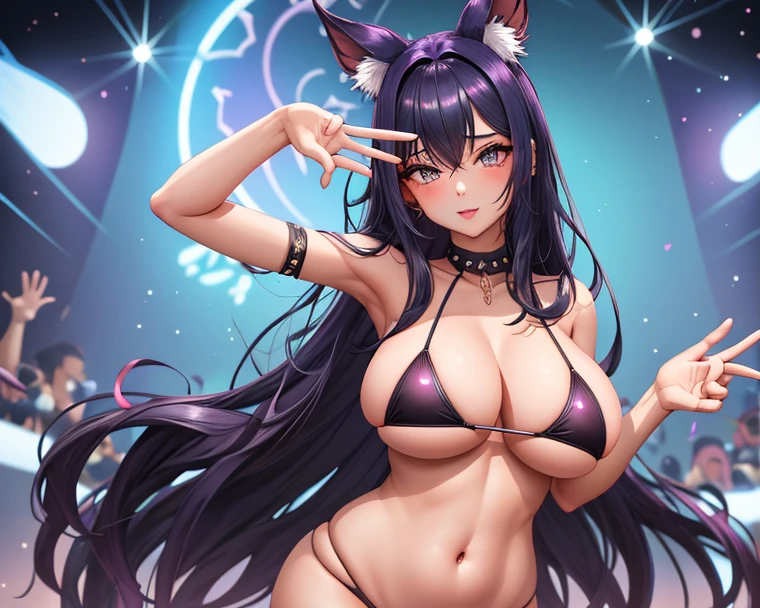 Beautiful foxgirl, big breasts, dark purple hair with pink highlights tips, masterpiece , red eyes, sexy, anime styled, 2D, mature, dynamic angle, long hair, fox tails, best quality, extremely detailed face, sharp details, high contrast, black bikini, beach, night time