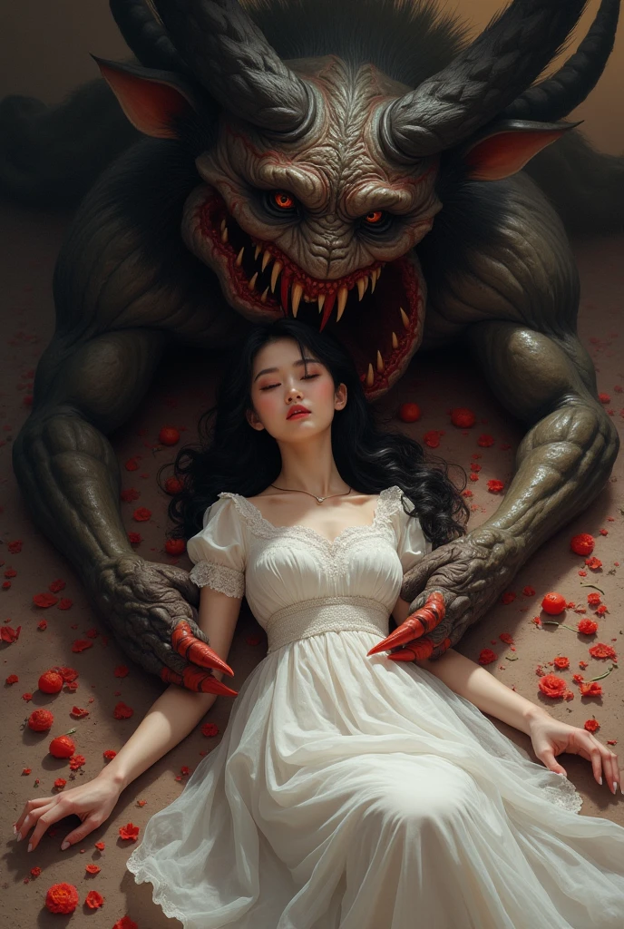 ((best quality)), ((masterpiece)), (detailed), A digital illustration of a woman lying dead on the ground surrounded by monsters with a dark and stormy background. She is wearing a peach-colored princess dress and has long black hair.