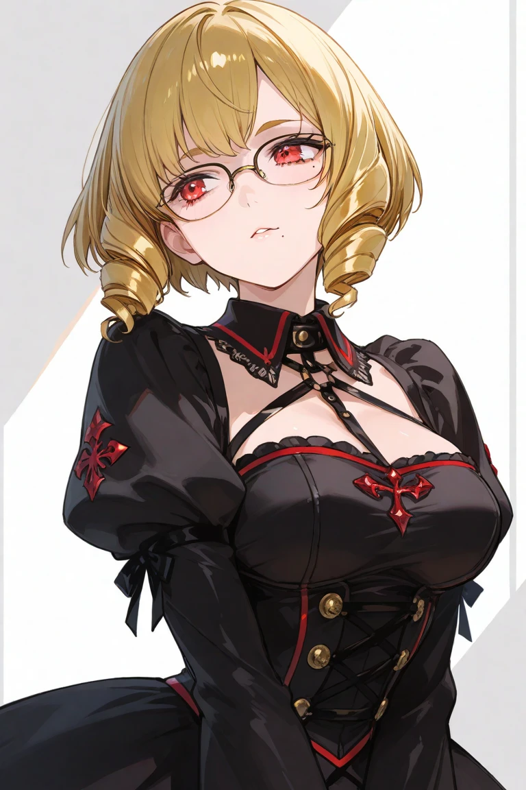 chubby girl, blonde, green eyes, medium length hair, open forehead, without bangs, glasses with black square frames
red dress, long dress, sequined dress, gloves, red gloves
