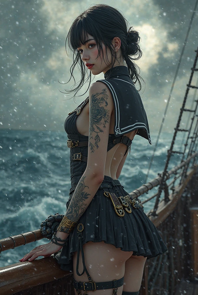Top image quality、Super-High Resolution、The ultra -The high-definition、Photoquality(photographrealistic:1.8)、pores、accuracy、Caribbean、Female Pirate、Galleon deck、On board、exteriors、light brown hair、Wrapped at the top of the head、Hair that flutters in the wind、Oriental Woman、Sitting on a barrel、25-years old、Smaller chest、Strapless、off shoulders、Exciting leather skirt、Black leather choker、Gold Bracelet、 Holding a flintlock pistol in your hand、Hanging a knife on the waist、numerous tattoos on the upper body,、Skull tattoo on chest、Eye Patch、