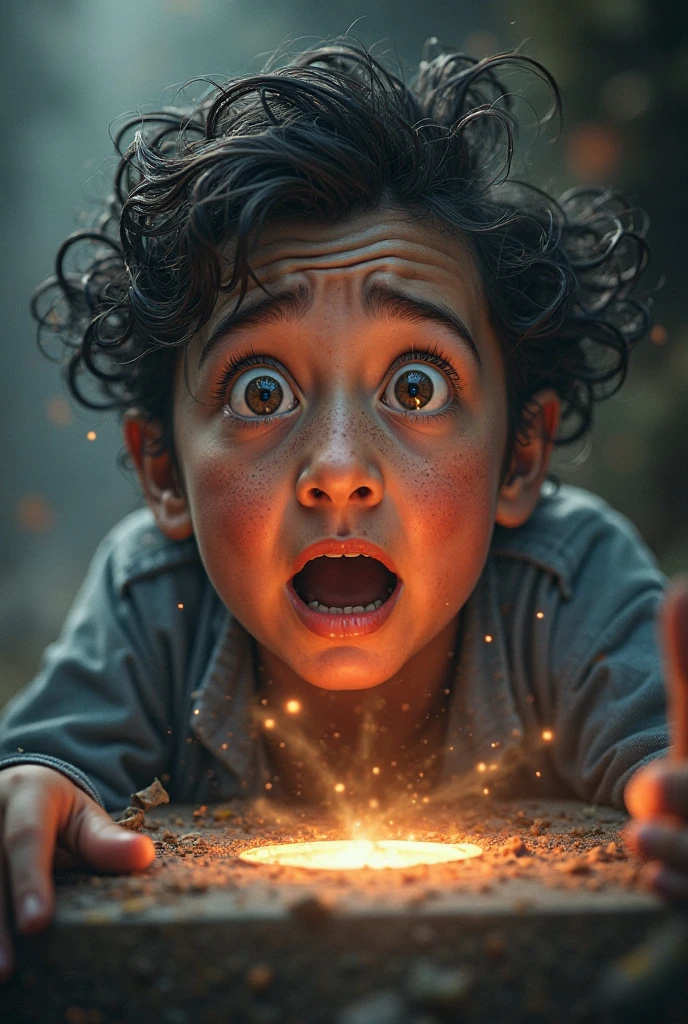 A Brazilian child with white skin is centered with his face illuminated by the light of the cell phone in his hands. The  is hypnotized by what he sees on his cell phone and behind the  there are 3 tiger-faced demons with horns appearing in a diabolical way. image with cinematic background