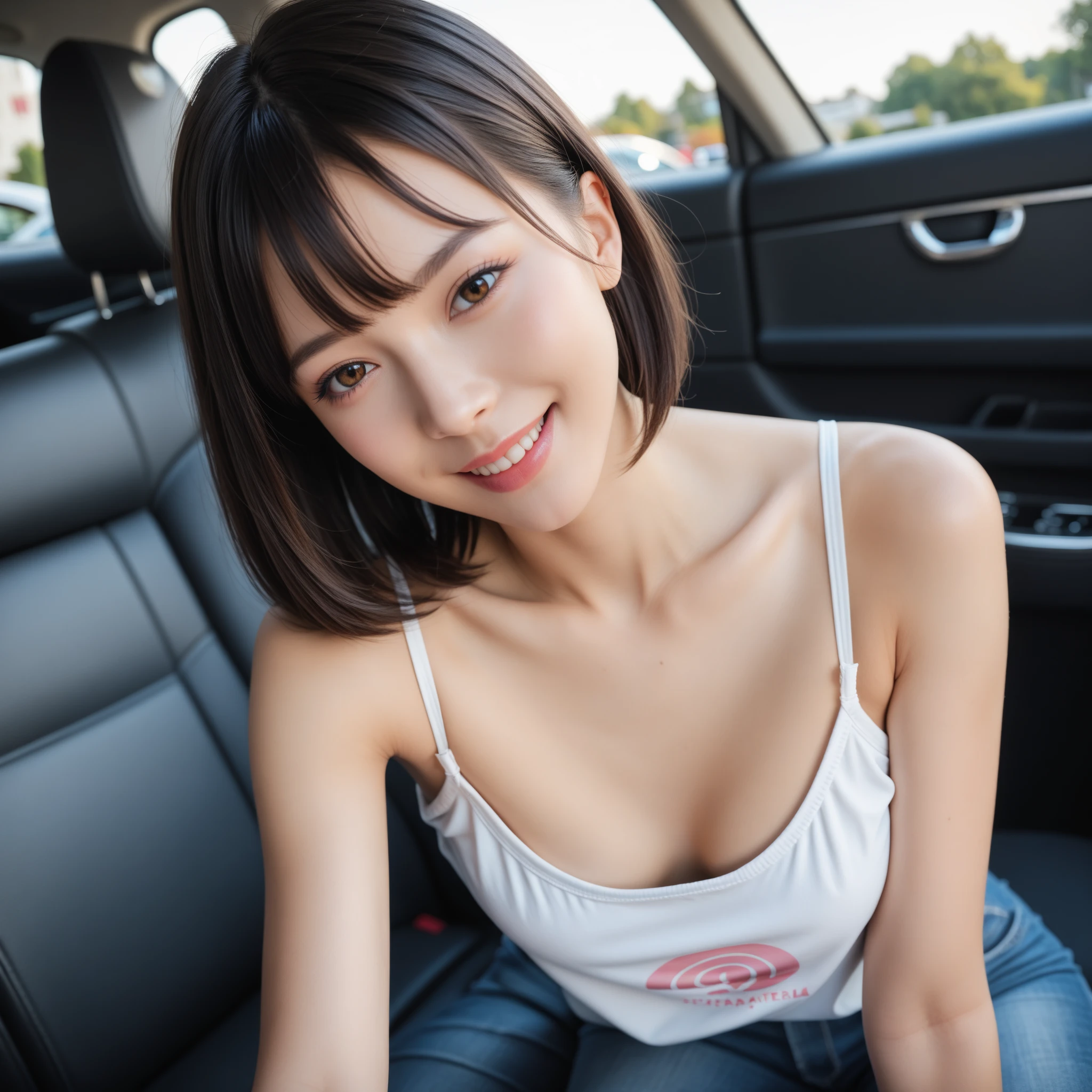 closeup shot , Best picture quality (8K, high resolution, Masterpiece: 1.2), super detailed,  215 Short Hair, 16-year-old woman, 

situation: A scene of people enjoying a road trip while driving。
clothing: Casual travel style（T-Shirts、denim、sneakers）。Sunglasses and caps。
angle: With the interior of the car and the scenery in the background、Photograph your driving from the front and side。While projecting the scenery seen from the train window、Relaxing scenes at rest stops、Close up photo shoot outside the car。

Close-up of face 

, random cute pose ,big eyes ,Puffy eyes ,  Heart Pupil, blush  , huge shy smile , salute
