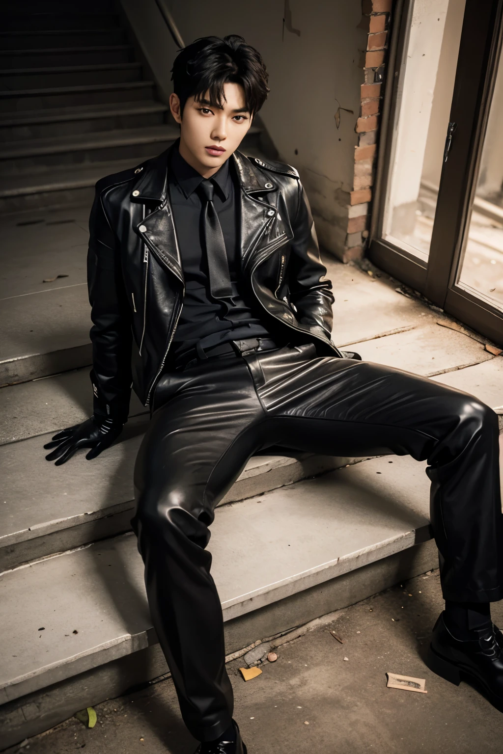 a slim muscular, Full body shot of a handsome K-pop male idol in leather jacket and tie and leather gloves. lie down next to him Inside an abandoned building stair tempting. sexy.try to rape.realistic high quality .intricate detail face , ultra high res, uhd. Hyper-realism. a look of holding back pain