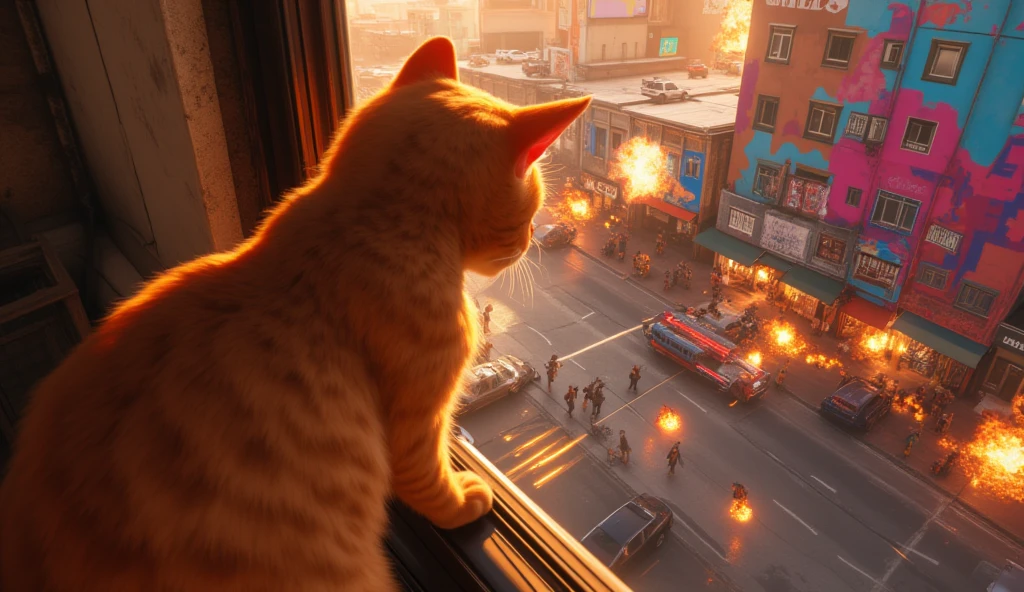 Create an illustration of a scene from GTA Los Santos. An orange cat is poking its head out from a sewer grate in the foreground, its curious gaze directed at the chaotic scene unfolding on the street above. Surrounding the sewer, gangsters are engaged in a fierce gunfight, firing bullets with glowing trails, while vibrant murals decorate the walls. The scene is intensified by car explosions, flying debris, and smoke filling the air. Focus on the sewer environment with detailed textures like worn metal and damp concrete, while the cat’s expression and the street chaos are sharply emphasized. Use cinematic quality, ultra-detailed textures, realistic lighting effects, and dramatic storytelling to contrast the cat’s quirky perspective with the destruction above