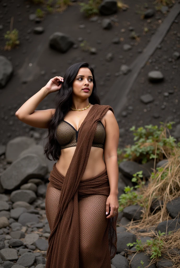 indian, sitting with legs spread open near waterfalls, big cheeks, curvy, hourglass figure, wearing open fish net bra, deep cleavage, seductive, sexy, areolas, ponytail hair, necklace, look at viewer and smile, (cinematic:1.3), intricate details, (ArtStation:1.2)