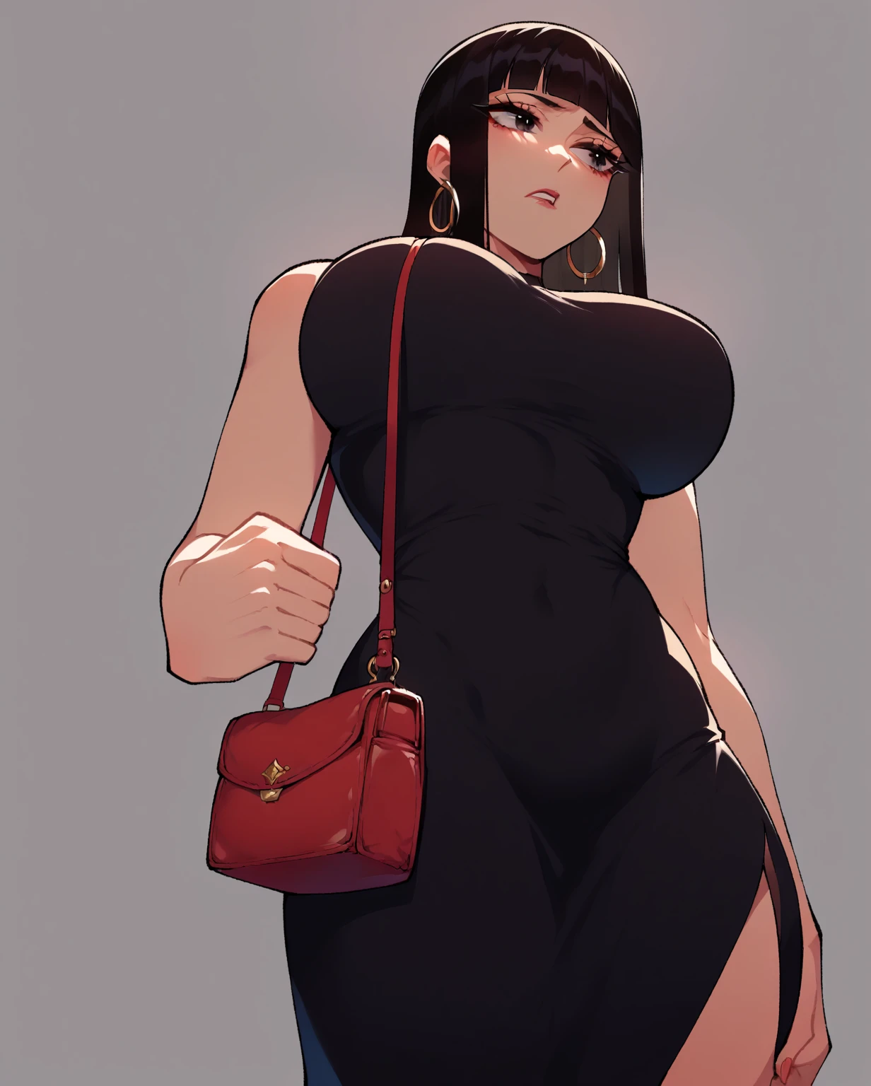 score_9, score_8_up, score_7_up, score_6_up, score_5_up, score_4_up, BREAK 1girl, black hair, hime cut, blunt bangs, straight hair, black eyes, long eyelashes, hoop earrings, BREAK solo, from below, black dress, large breasts, side slit, holding purse, BREAK black background, dark, simple background,
