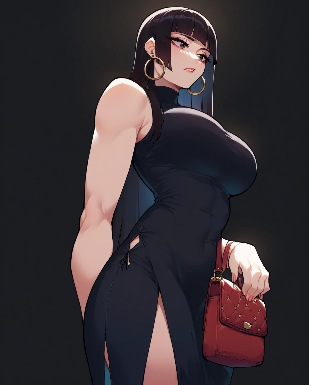 (tmasterpiece:1.2, Best quality), actual, (Real pictures, Complicated details, depth of fields), tmasterpiece, Best quality, Backward posture, showing her shoulder from back, posterior view, A woman in a black dress poses for a photo, Fair skin, Colossal tits, Crazy breast swelling, hip is cocked, Great Assa, Buttock augmentation surgery, Butt is swollen like crazy, Fitness model, A smile